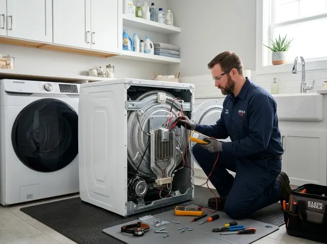A technician repairing a dryer heating element with the back panel removed