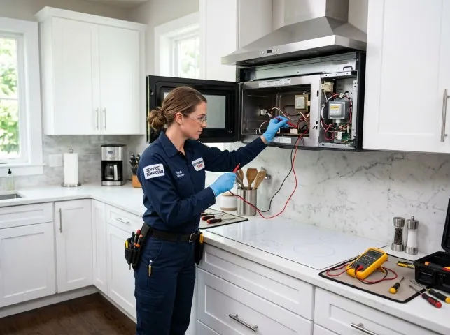 Appliance Repair Hero technician testing an over-the-range microwave in a Amelia Court House, VA kitchen