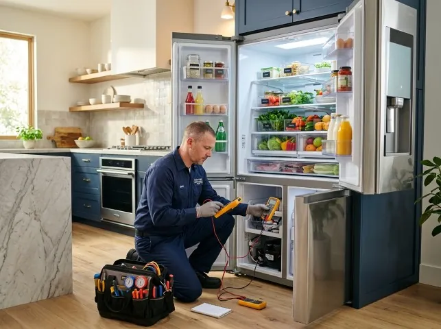 Appliance Repair Hero refrigerator technician testing a fridge on a Amelia Court House, VA service call